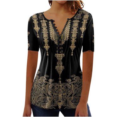 yoeyez Women's Summer Tops Buttons V Neck T Shirts tops Floral Empire Waist Pleated Tunic Shirt Short Sleeve Loose Comfy Tees Blouses Brown 3XL
