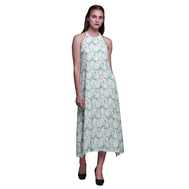 Bimba Robe Teinture sur Nœuds Décontractée Longue Dos Nu à Col Licou pour Femme Robe de Plage Imprimée - Moyen