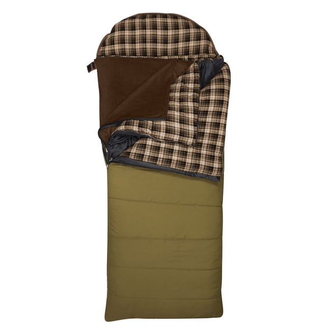 RWD Polar Star System Sleeping Bag 8 with olive green polyrock outer fabric and brown plaid cotton/poly flannel lining, partially unzipped to show brown fleece liner, featuring removable layers for temperature control and double wide camping use.