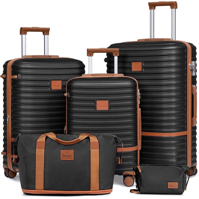 Joyway Ensemble de Bagages 5 Pcs en Noir, Comprenant des Valises Rigides à Roulettes Pivotantes en ABS de Tailles 20 Pouces, 24 Pouces et 28 Pouces, Ainsi Qu'un Sac à Main de Voyage et un Sac de Toilette. Conçu pour les Voyageurs Modernes, les Bagages Cabine et Enregistrés Ont des Couches Extensibles pour un Rangement Accru, des Verrous TSA pour la Sécurité et des Roues Pivotantes à 360° pour une Mobilité Facile. Comprend des Poignées Télescopiques en Aluminium et des Intérieurs Organisés avec Séparateurs à Glissière et des Sacs
