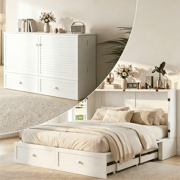 PUREMIND Queen Size Murphy Bed with Mattress, Murphy Cube Cabinet Bed with USB Charging Station and Storage Drawer, Murphy Chest Bed for Guest Room/Home/Office, White