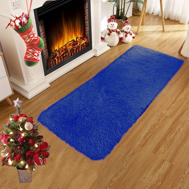 Plush Velvet Fleece Bath Mat - Ultra Soft & Water Absorbent, Non-Slip Backing, Machine Washable, Modern Solid Color Bathroom Rug, Blue, JKODE
