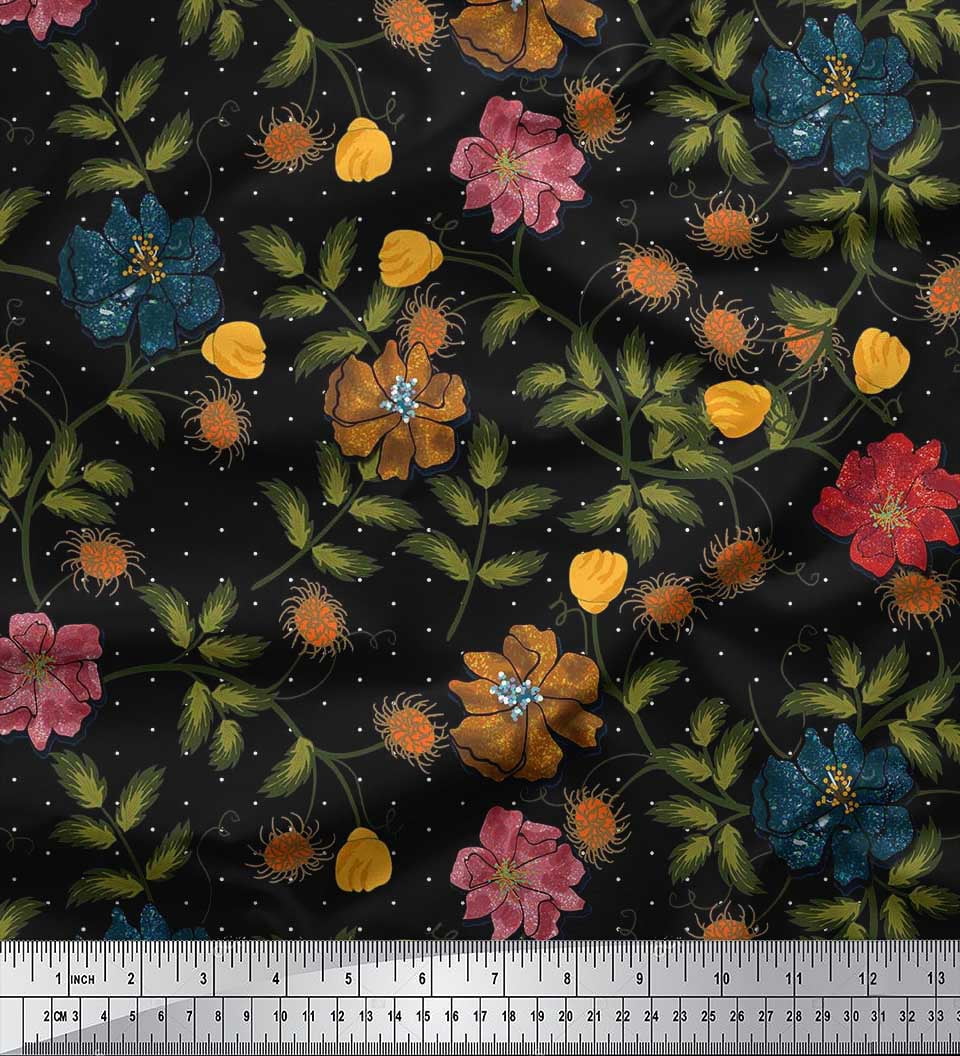 Soimoi Rayon Crepe Fabric Dot,Leaves & Flower Print Fabric by Yards 46 Inch Wide