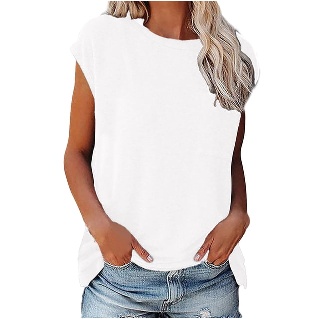 T-shirt Décontracté pour Femmes à Col Rond Uni, Coupe Ample, Manches Courtes, Chandail, Blanc, Montré sur une Vue Orientée vers l'Avant. le Haut Présente une Coupe Décontractée, des Manches Courtes et un design à Col Rond, Assorti à des shorts en denim. Fabriqué en polyester, Il Est Léger et Convient au Port Quotidien Ou à la Maison en Toutes Saisons.