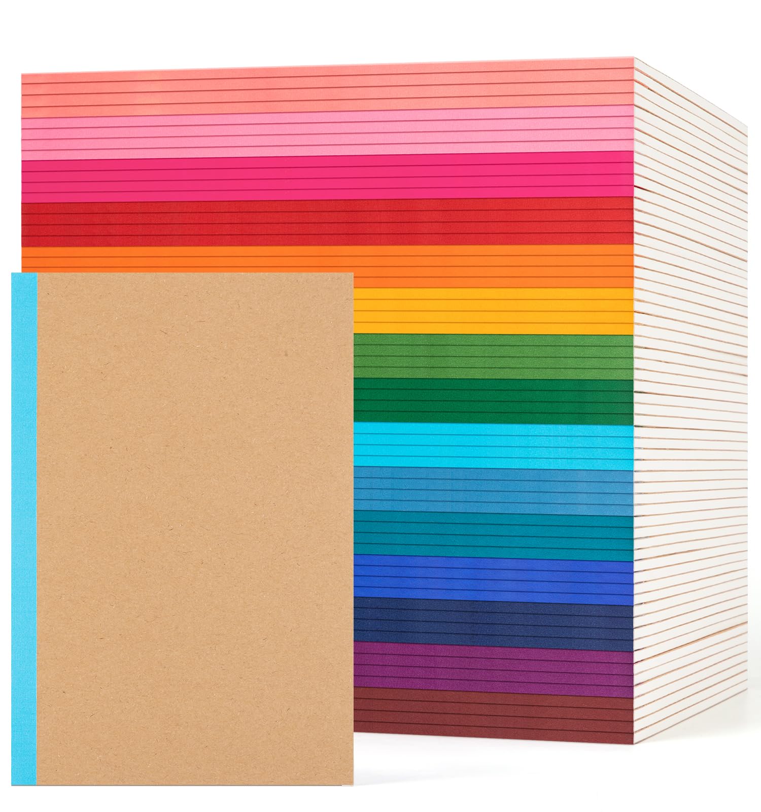 ALKALO 60 Pack Lined Notebook Journals Bulk, A5 College Ruled Composition Notebook, 8.3x 5.5, Kraft Cover with Rainbow Spines, 15 Colors 60 Pages for School Office T