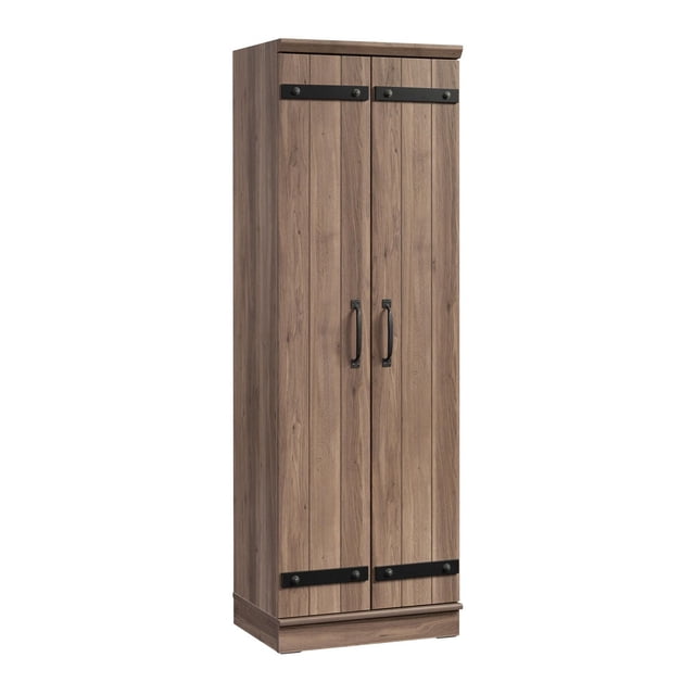 Sauder HomePlus Armoire de Rangement avec Deux Portes Verticales, Fini Bois, avec Style de Porte de Grange à Lattes, Poignées en Métal Noir et Sangles Décoratives en Métal Noir en Haut et en Bas, avec Quatre Tablettes Ajustables et Niveleurs de base Ajustables pour la Stabilité, Convient aux Besoins de Rangement Polyvalents à la Maison.