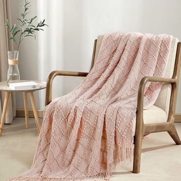 Bourina Chunky Knit Throw Blanket with Poms, Cozy Textured Tasseled Throw for Couch Sofa Bed, 50x70, Blush Pink