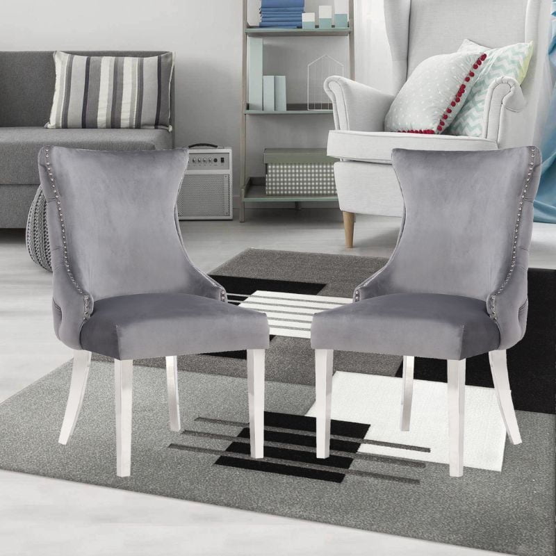 Chaise Odie en Gris, chaise de salle à manger avec garniture cloutée, chaise de salle à manger en velours, chaise de salle à manger avec pieds en acier inoxydable pour cuisine et salon - Ensemble 2