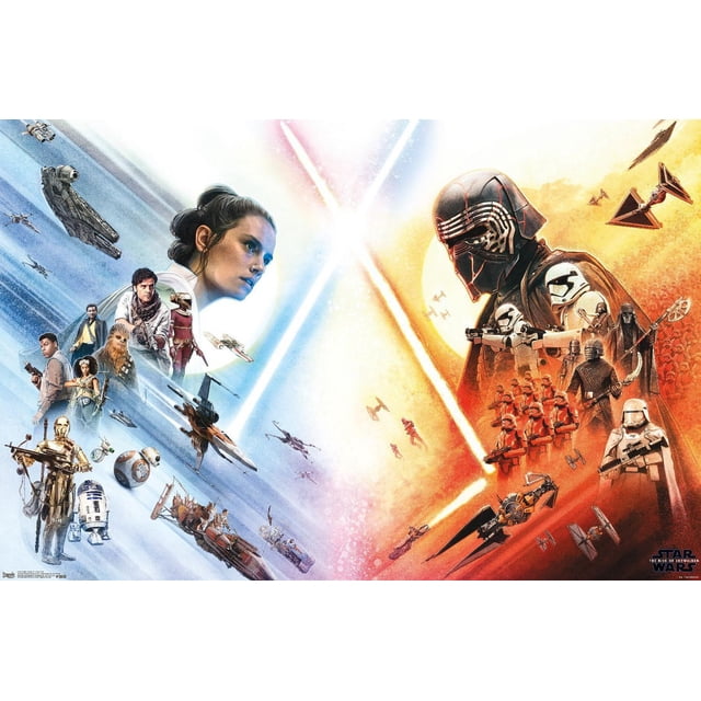 Star Wars: The Rise Of Skywalker - Face Off Wall Poster, 22.375" x 34" with a split blue and orange background. The left side shows Rebel characters and ships including R2-D2, BB-8, Chewbacca, and X-wing fighters. The right side features Kylo Ren, stormtroopers, TIE fighters, and First Order forces. Crossed blue and red lightsabers form an X in the center, symbolizing the conflict. Printed on glossy poster paper with high-resolution artwork, ideal for bedrooms, offices, or dorms and Star Wars fans.