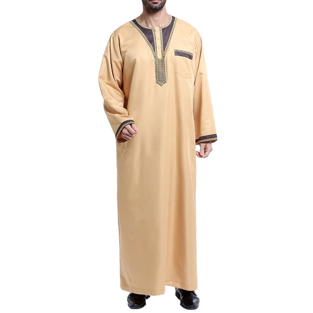 Penkiiy Long Shirt for Men Men's Muslim Robe Arab Middle Robe Pattern Embroidery Long Sleeve Standing Neck Pocket Long Shirt Fashion Casual Robe Yellow Shirts