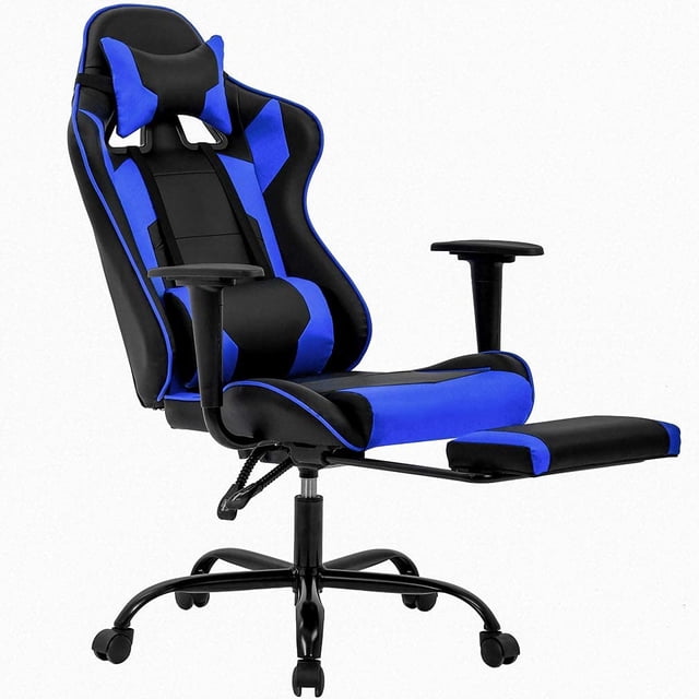 BestOffice Office Chair Ergonomic High with footrest, lumbar support, and headrest in blue. Features a high back with adjustable lumbar support, a reclining mechanism with a 90 to 155-degree range, and a 360-degree swivel base. The chair includes a faux leather finish, padded armrests, and a sturdy five-star base with casters. Designed for gaming or office use, it offers easy assembly and customizable comfort.