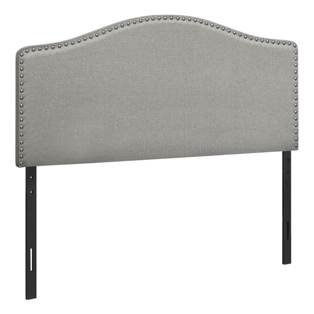 Monarch Specialties Bed, Headboard Only, Full Size, Bedroom, Upholstered, Linen Look, Grey, Transitional headboard with a gently arched top and straight sides, upholstered in grey linen-look fabric with chrome-finish nailhead trim, supported by adjustable black metal legs, suitable for full-size beds with box spring and mattress.