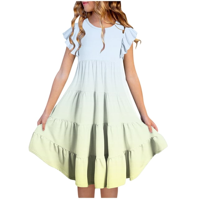 RXIRUCGD 2025 Vêtements d'Été pour Enfants Mode Filles Nouvelle Robe d'Été à Manches Courtes Poches à Volants Col Rond Imprimé