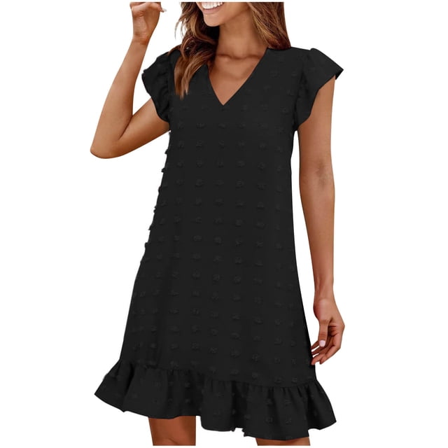 LOVZFMLL Robes d'Été pour Femmes 2025 Col en V Manches Courtes Volantées Ourlet à Volants Robe Smock Mini Décontractée Plage Vacances Vêtements pour Femmes Noir G