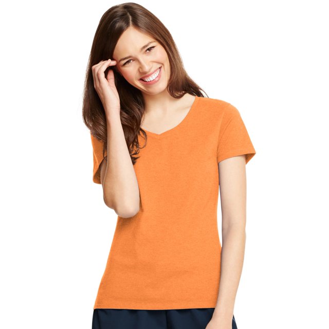 Hanes T-Shirt Col en V pour Femmes X-Temp, L, Orange Néon Chiné