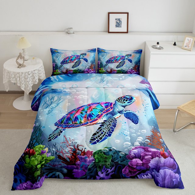 Erosebridal Gradient Sea Turtle Comforter Sets Queen Size, Ocean Animal Comforters & Duvets, Cartoon Decor, Reversible