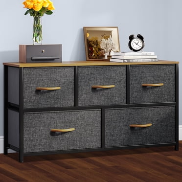 DEXTRUS Commode en Tissu à 5 Tiroirs, Grand Commode Longue Tour de Rangement Organisateur de Rangement pour Chambre, Garde-Robe, Couloir, Gris Foncé