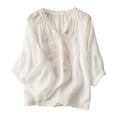 thumbnail image 1 of RKSTN Hauts pour Femmes Coton et Lin Brodés Manches Courtes Col Rond Blouses Amples Grande Taille Couleur Unie Hauts Polyvalents, 1 of 3