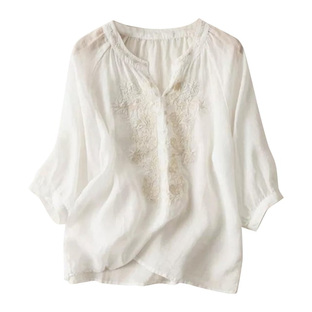 RKSTN Hauts pour Femmes Coton et Lin Brodés Manches Courtes Col Rond Blouses Amples Grande Taille Couleur Unie Hauts Polyvalents