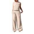 thumbnail image 1 of Pompotops 2PC Fashion Woman Round Neck Solid Sleeveless Blouse +Loose Pockets Pants Sets, 1 of 9