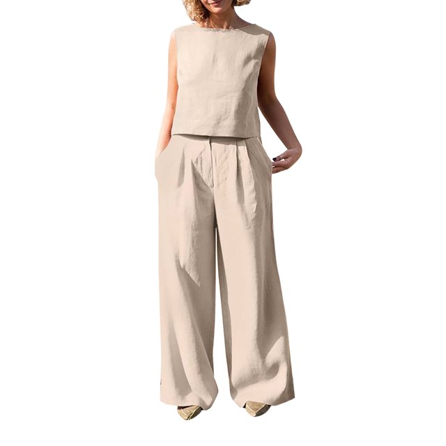 Pompotops 2PC Fashion Woman Round Neck Solid Sleeveless Blouse +Loose Pockets Pants Sets