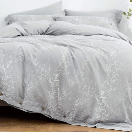 OREISE Duvet Cover Set King Size Washed Cotton Yarn, Jacquard Gray and White Thin Branch Pattern Floral Style 3Piece Bedding Set