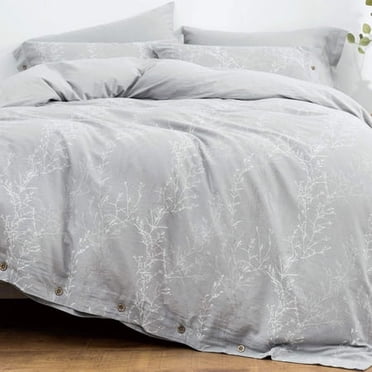 OREISE Ensemble de Housse de Couette Grand Lit Fil de Coton Lavé, Jacquard Gris et Blanc Motif de Fines Branches Style Floral Ensemble de Literie 3 Pcs