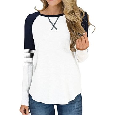 Womens Color Block Round Neck Tunic Tops Casual Long Sleeve Shirt Blouse XL WHIT