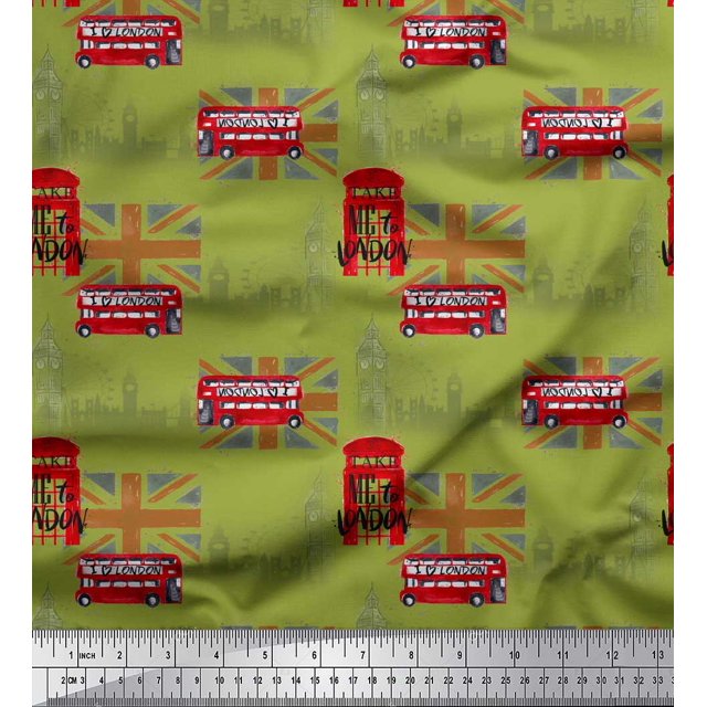 Soimoi Green Rayon Fabric London Theme Architectural Print Fabric by Yard 42 Inch Wide