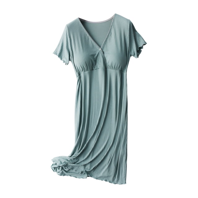 Zwiiyzr 2025 Pyjama de Maternité pour Femmes Robe d'Allaitement Robes d'Allaitement Uni Col en V Manches Courtes Post-Partum Robe de Grossesse Vêtement de Nuit avec Coussinet de Poitrine Vêtements d'Été de Maternité Vert
