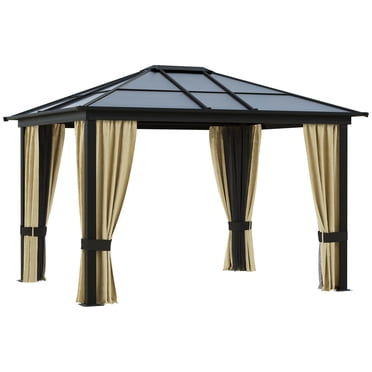Outsunny Pavillon à Toit Rigide 10 Pieds x 12 Pieds, Auvent de Pavillon Extérieur Abri Solaire Imperméable avec Cadre en Aluminium, Toit en Panneaux de Polycarbonate, Parois Latérales et Moustiquaire