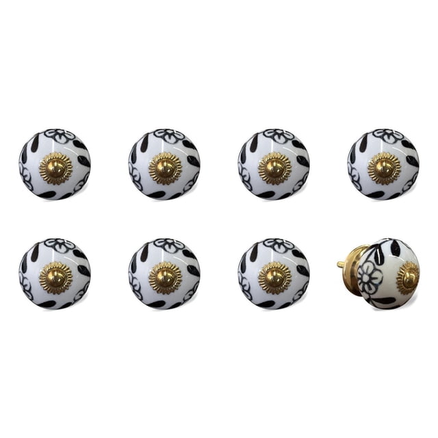 KNOB-IT vintage handpainted ceramic knobs 8 pack featuring round white ceramic knobs with black floral patterns and a central gold-tone metal accent, 1.5 inches diameter with 1.25-inch bolt, suitable for cabinets, drawers, and cupboards, one knob shown from the side displaying bolt and nut hardware.