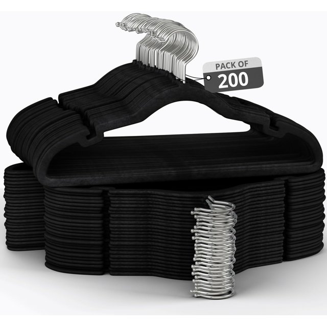 Velvet Clothing Hangers, 200 Pack, in black, featuring a soft, non-slip velvet fabric to maintain the shape of clothes without leaving marks. Each hanger measures 16.25 inches wide, 9.25 inches tall, and 0.25 inches thick. Includes built-in shoulder hooks for organizing garments with straps such as tank tops, dresses, and belts. The slim design allows for 50% more clothes to fit in your closet, optimizing storage space.