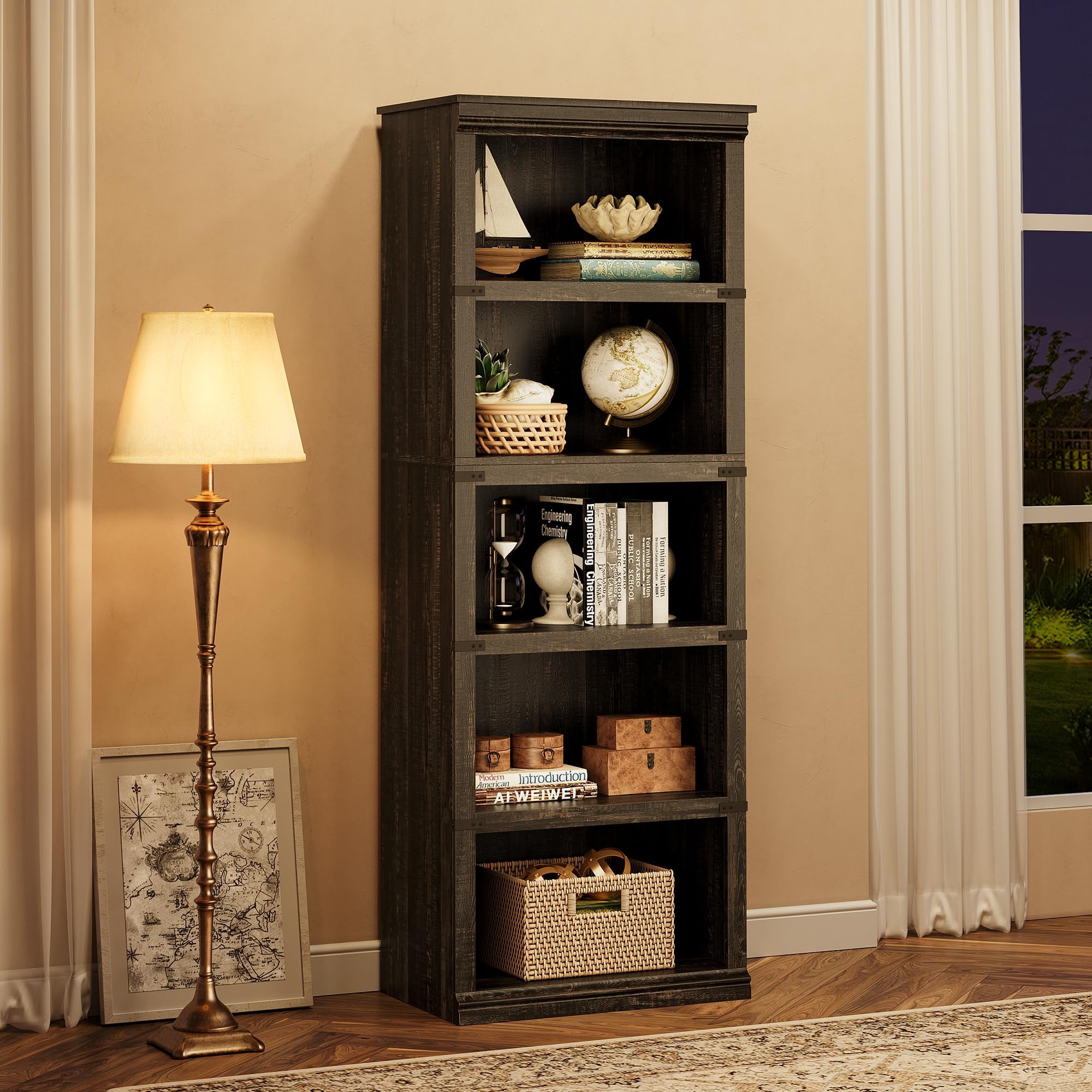 5 Tier Bookcase, Farmhouse Book Shelf with Storage Open Display Bookshelves for Home Office, Living Room, Bed Room