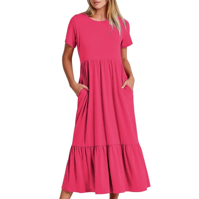 Robes pour Femmes 2024 Été Surdimensionnée Décontractée à Manches Courtes Col Rond Robe Décontractée Fluide à Étages Maxi de Plage avec Poches Rabais de 50 % Liquidation!