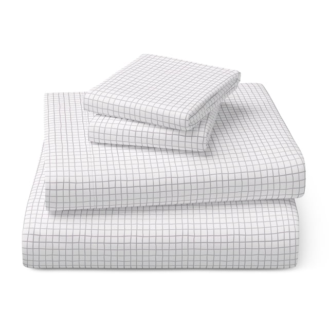 Mainstay Kids Microfiber Bed Sheet Set, Full, Grey Grid, 4 Pieces