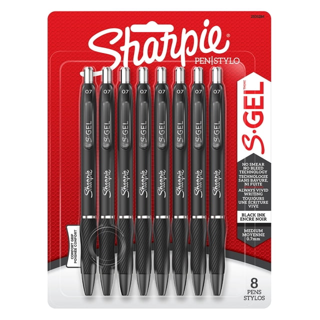Sharpie S-Gel gel pens medium point 0.7 mm black ink 8 count pack with eight black gel ink pens featuring no smear, no bleed technology, contoured rubber grips, and silver clip accents in clear plastic packaging on red and white backing with Sharpie branding, suitable for smooth, vivid writing in office, school, or home settings.