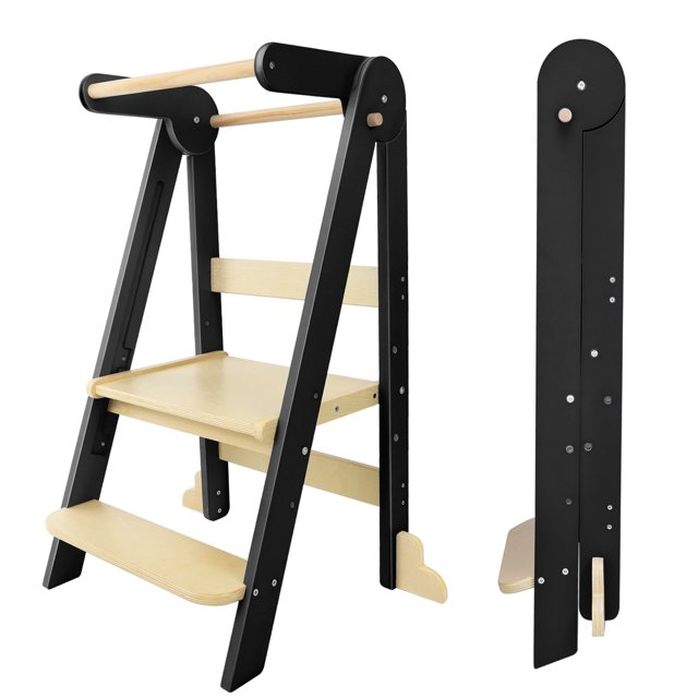 HARPPA Foldable Kitchen Step Stool for kids, Adjustable Height Toddler Standing Tower, Black