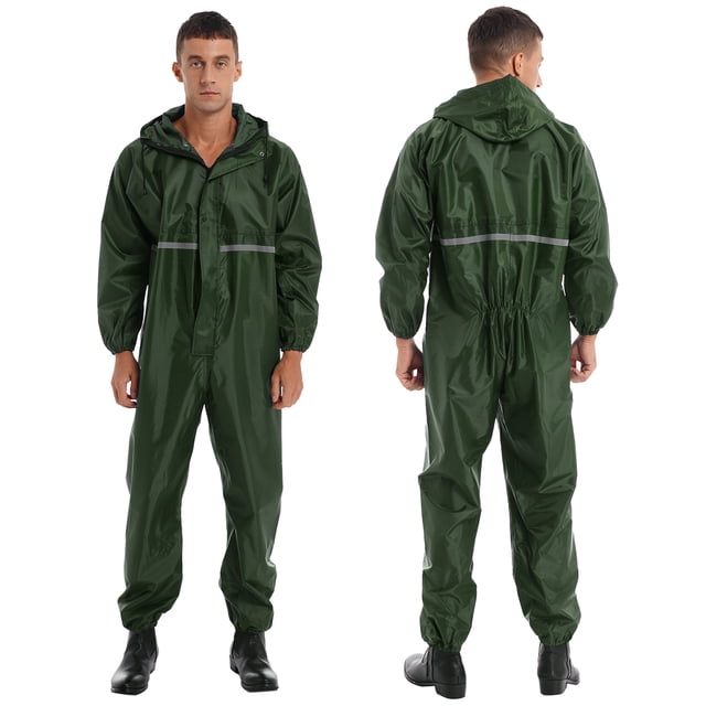 TiaoBug Combinaison Imperméable à Capuche pour Homme une Pièce, Combinaison de Pluie Réfléchissante, Salopette à Fermeture Éclair, Vert Foncé 3TG