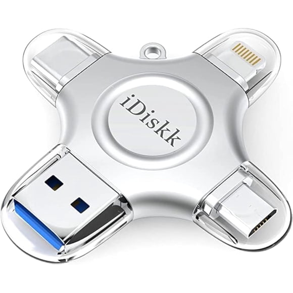 MFi Certified iDiskk 128GB Flash Drive for iPhone 15 16 iPad USB 3.0 Lightning Drive 4 in 1 Multi Functional External Storage for iOS and Android Samsung Phones Type c D