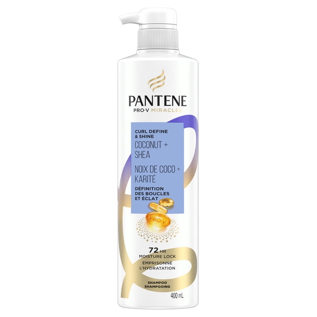 Pantene Pro-V Miracles Curl Define & Shine Coconut + Shea Sulfate-Free Shampoo in a 400 mL white pump bottle with blue and gold swirl graphics, offering 72-hour moisture lock and frizz-free curl definition with coconut oil and shea butter blend, suitable for color-treated hair.