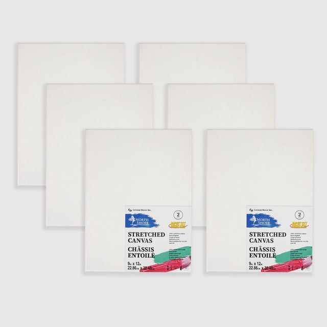 North Shore 6 pack 9x12 stretched canvas set with six white, 100% cotton canvases triple primed with white gesso and stapled on wood stretcher bars, offering a paint-gripping surface with minimal absorption, suitable for various painting media and ideal for artists of all skill levels.