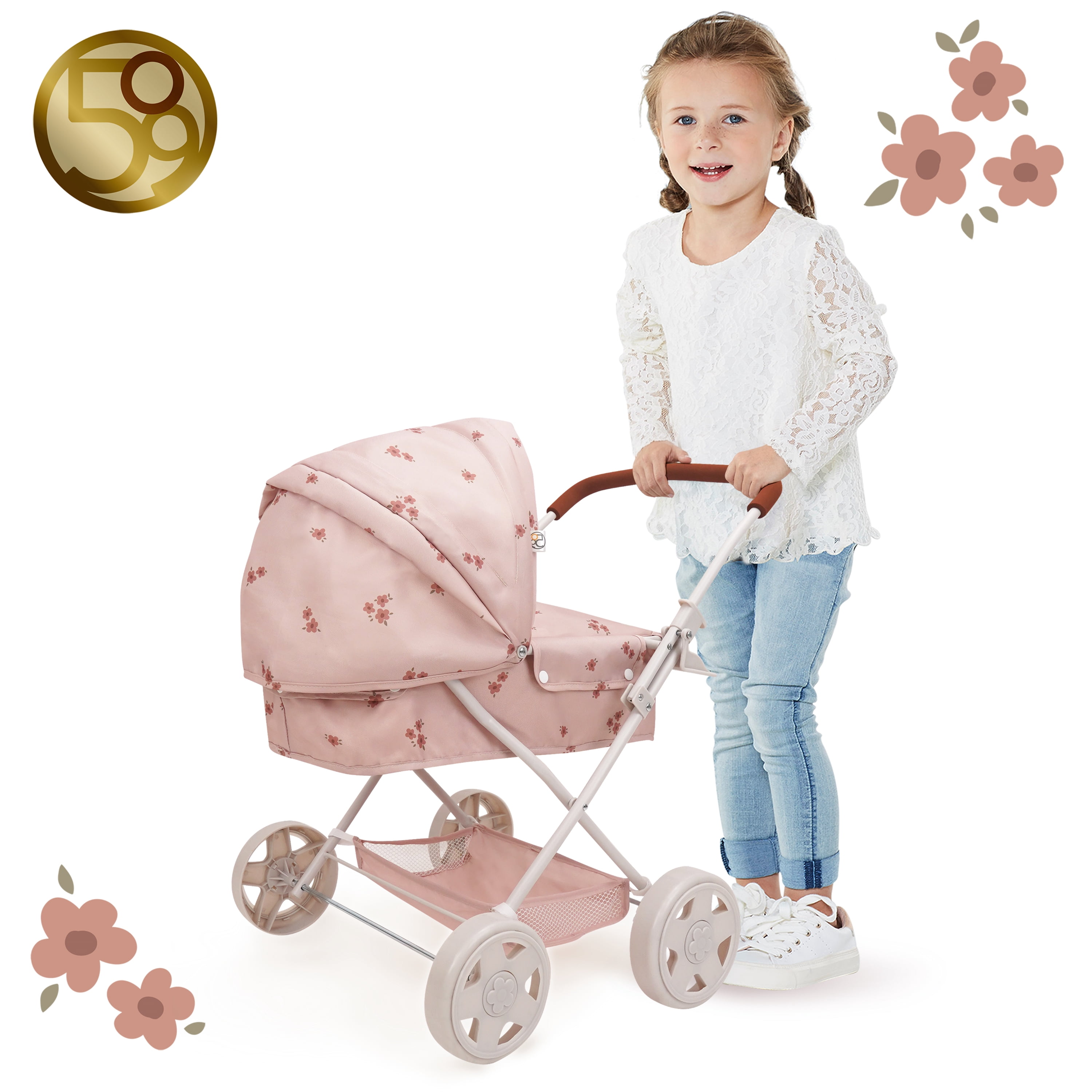 509 Crew Ballet Flora Doll Pram - Doll Pram, Kids Pretend Play, Retractable Large Canopy, Shopping Basket & Removable Carry Cot Bed. Ages 3+