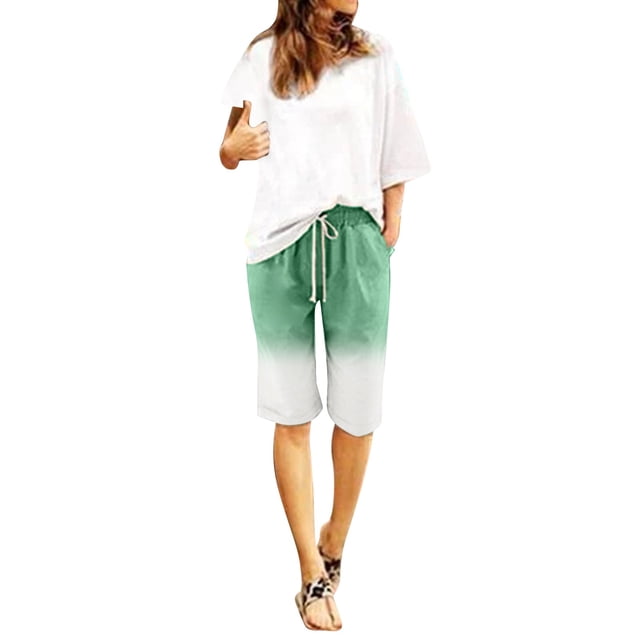 Kcodviy Women Gradient Print Solid Plus Size Clothes for Women Color Cotton Flax Elastic Plus Size Dress Clothes for Women Long Pants Beach Leisure Trousers