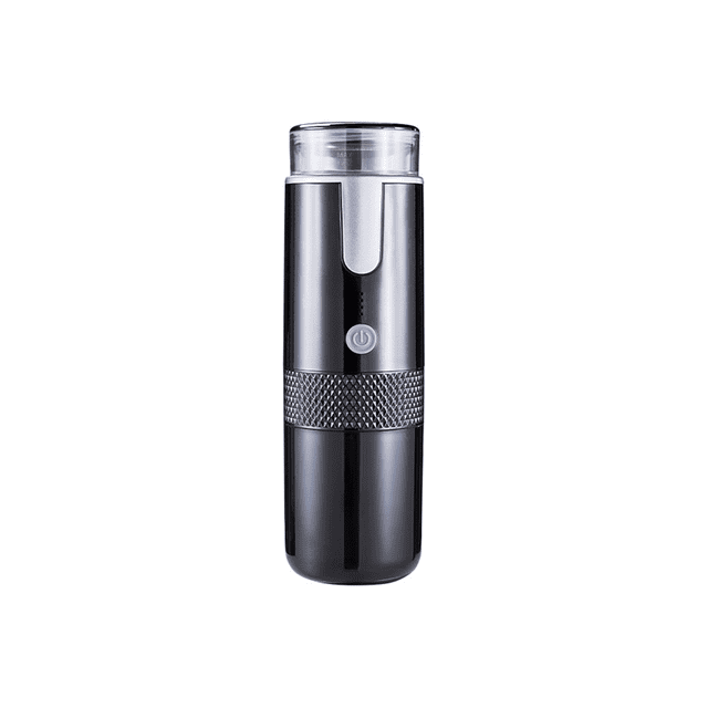 Electronic Coffee Maker Rechargeable Espresso Machine Portable Car Coffee Make Ground Coffee & Espresso Travel Camping. A compact grey coffee maker with a cylindrical design, textured grip, power button, and transparent top section. Rechargeable via Type-C cable, compatible with capsules and ground coffee, and ideal for camp kitchens, travel, and outdoor activities.