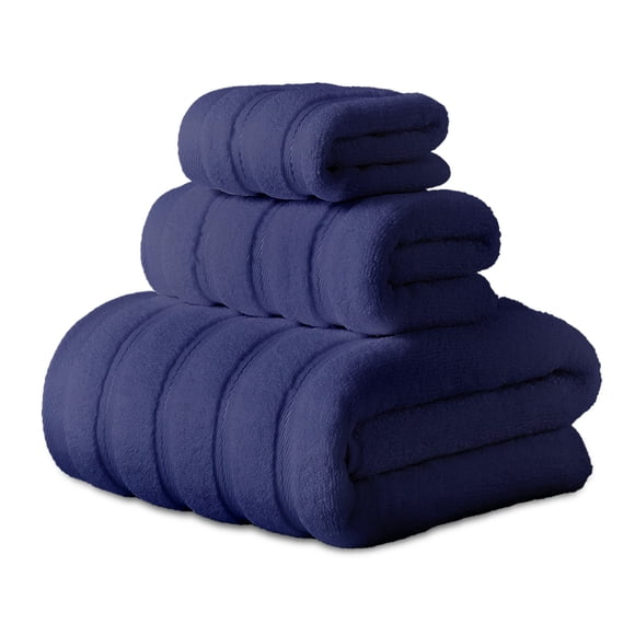 Hitime Bath Towel Sets of 3 Pieces, 1 Bath Towels 1 Hand Towels 1 Washcloths, 100% Cotton Highly Absorbent Towels for Bathroom, Gym, Hotel - Dark Blue