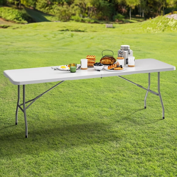 Dextrus Tables Pliantes de 8 Pi, Table Pliante Robuste avec Poignée de Transport, Table Pliante en Plastique pour Camping Extérieur, Pique-Niques, Fêtes/événements Intérieurs, Blanc