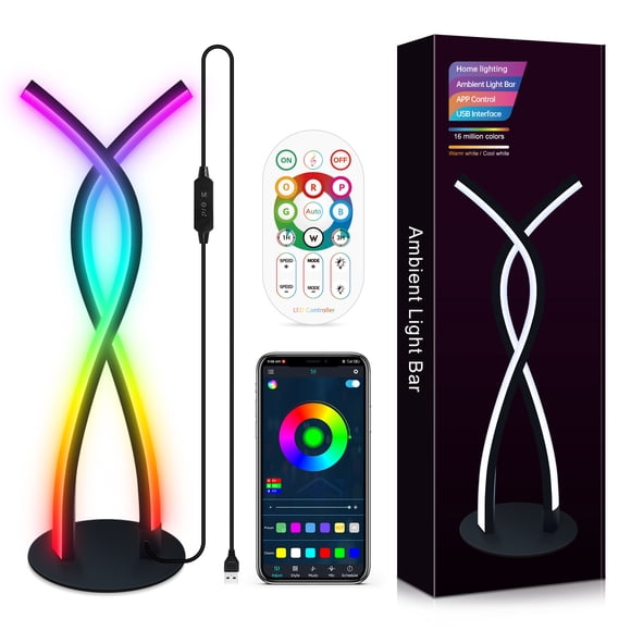 yeacher Smart RGBIC+W Bedside Lamp with APP & Remote Control, 53 LED, 18-Key 2.4G Remote, USB Powered, 10W, White & Black, 30m Range