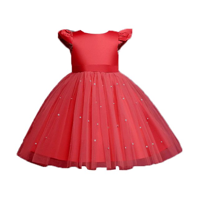B91xZ Girls Ruffle Trim Dress Flutter Sleeve Stretchy A-Line Swing Flared Skater Party Dress,Red 12-18 Months