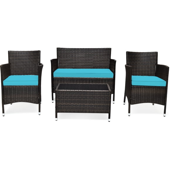 Patiojoy Ensemble de Mobilier de Jardin 4 Pcs en Rotin Tressé Comprenant Canapé, Fauteuil et Table avec Coussins Turquoise